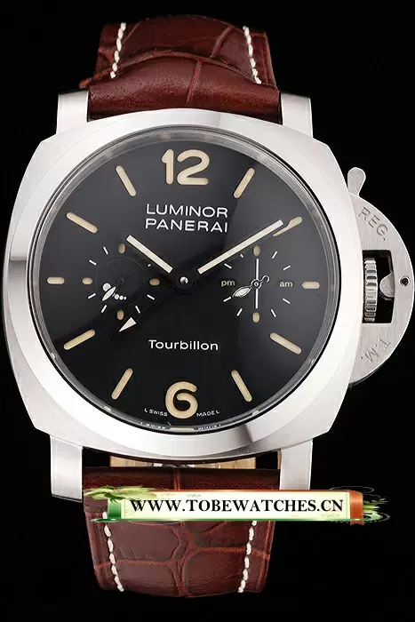 Panerai Luminor 1950 Tourbillon GMT Black Dial Stainless Steel Case Brown Leather Strap En122051