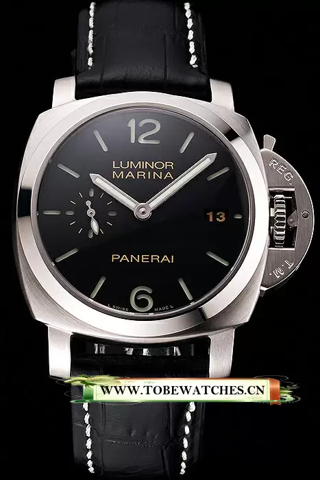 Panerai Luminor Marina Date Black Dial Stainless Steel Case Black Leather Strap En122088