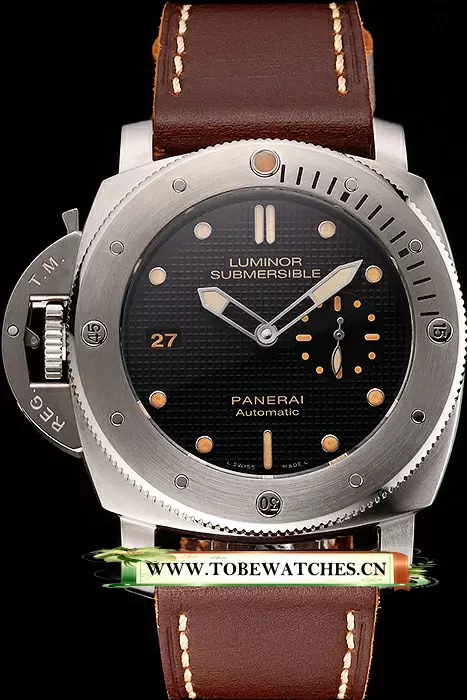 Panerai Submersible Left Handed Black Embossed Case Stainless Steel Case Brown Leather Strap En122099
