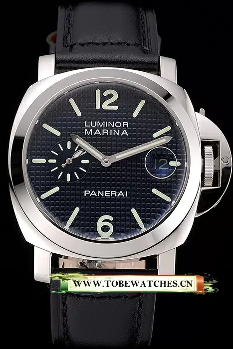 Panerai Luminor Marina Date Black Hobnail Pattern Dial Stainless Steel Case Black Leather Strap En122225