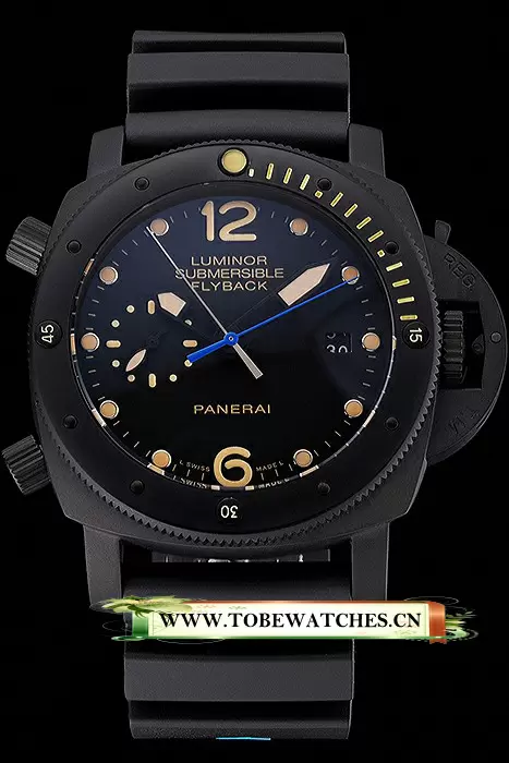 Panerai Luminor Submersible Flyback Date Black Dial Yellow Markings Black Ionized Case Black Rubber Strap En122229