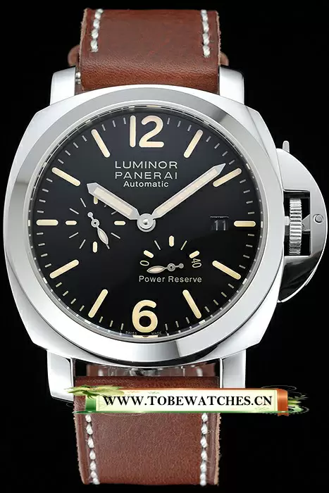 Panerai Luminor Automatic Power Reserve Black Dial Stainless Steel Case Brown Leather Strap En122722