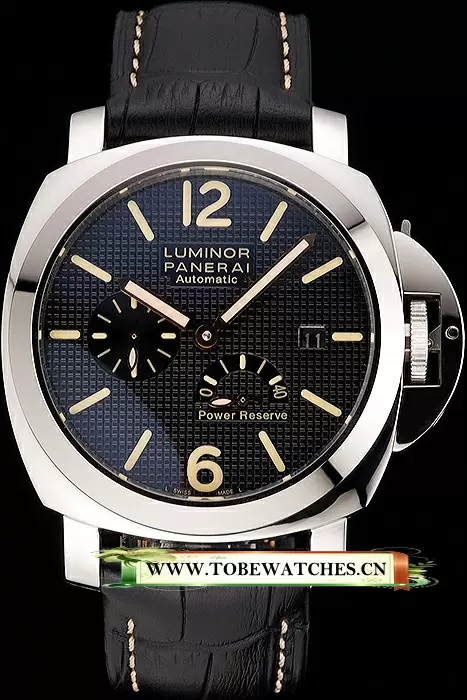 Panerai Luminor Automatic Power Reserve Black Embossed Dial Stainless Steel Case Black Leather Strap En122723