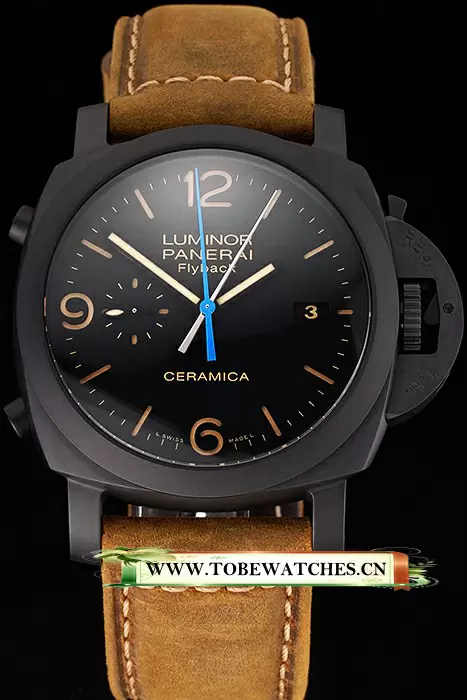 Panerai Luminor Ceramica Flyback Black Dial Black Case Brown Leather Strap En123415