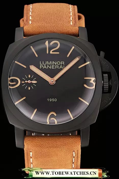 Panerai Luminor 1950 Black Dial Black PVD Case Brown Suede Leather Strap En123956