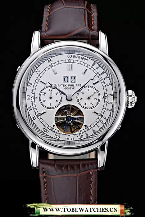 Patek Philippe Geneve Grand Complications White Dial Tourbillon Stainless Steel Bezel Brown Band En118605