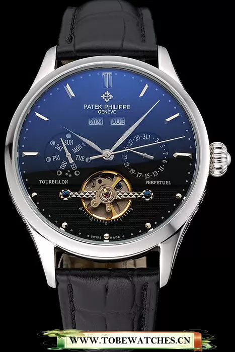 Patek Philippe Day Date Tourbillon Black Dial Stainless Steel Case Black Leather Strap En120812