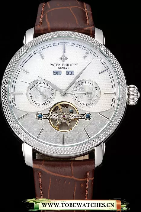 Patek Philippe Day Date Tourbillon White Dial Stainless Steel Case Embossed Bezel Brown Leather Strap En120814