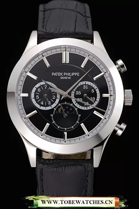 Patek Philippe Moonphase Black Dial Stainless Steel Case Black Leather Strap En120815