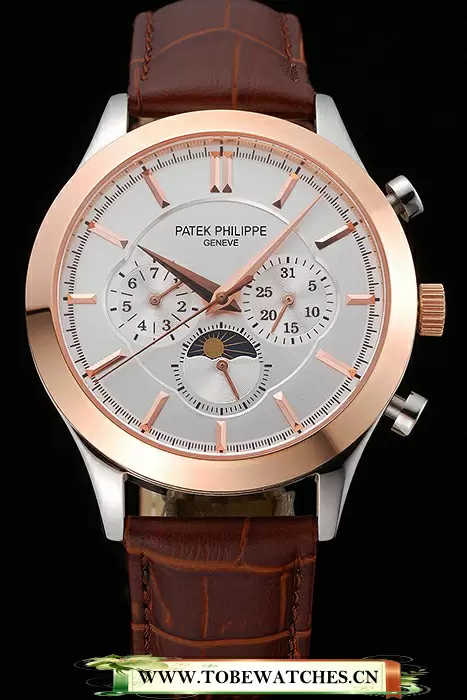 Patek Philippe Moonphase White Dial Gold Case Brown Leather Strap En120816