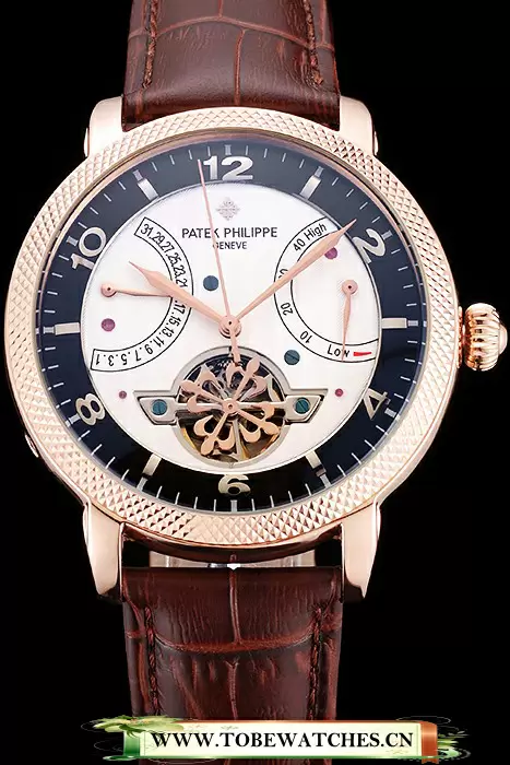 Patek Philippe Classic Tourbillon Power Reserve Black And White Dial Rose Gold Case Brown Leather Strap En121076