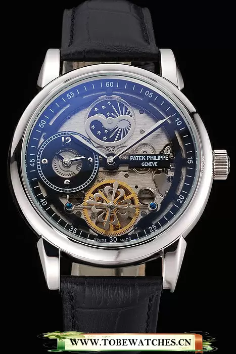 Patek Philippe Dual Time Moonphase Tourbillon Black Skeletonised Dial Stainless Steel Case Black Leather Strap En121079
