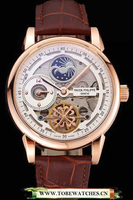 Patek Philippe Dual Time Moonphase Tourbillon White Skeletonised Dial Rose Gold Case Brown Leather Strap En121080