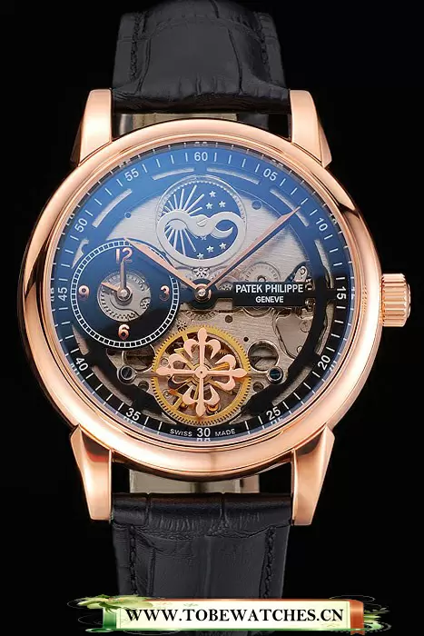 Patek Philippe Dual Time Moonphase Tourbillon Black Skeletonised Rose Gold Case Black Leather Strap En121082