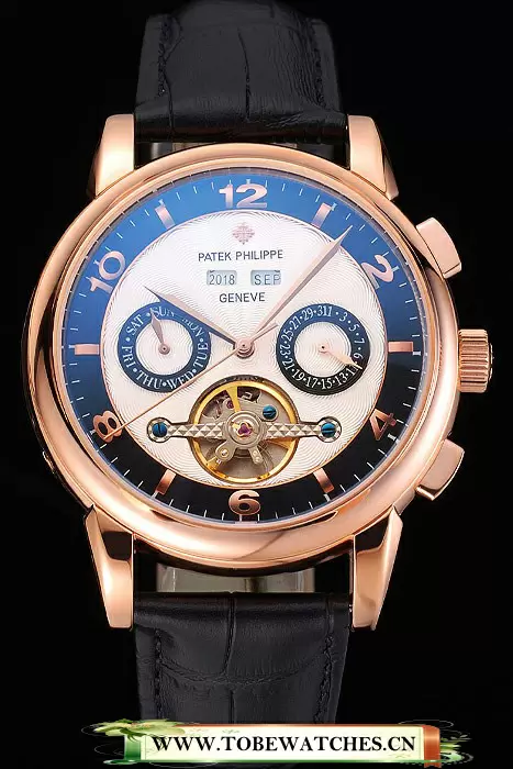 Patek Philippe Perpetual Calendar Tourbillon Two Tone Dial Rose Gold Case Black Leather Strap En121086