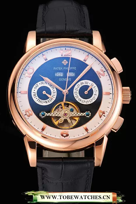Patek Philippe Perpetual Calendar Tourbillon Black And White Dial Rose Gold Case Black Leather Strap En121087