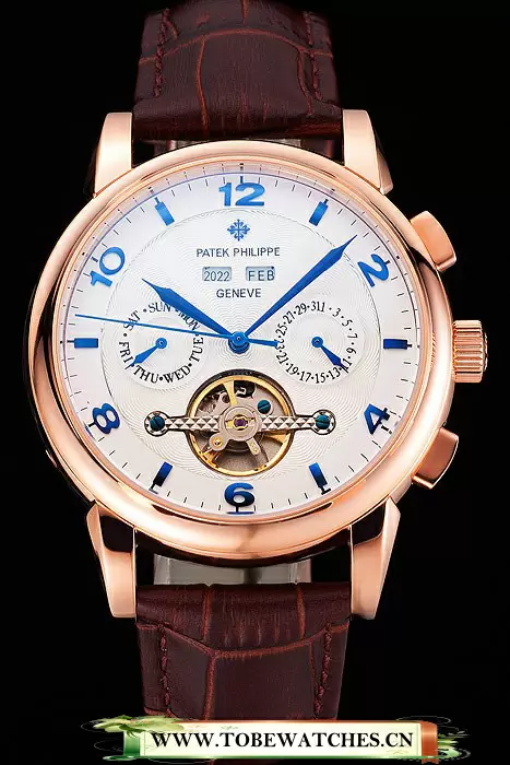 Patek Philippe Perpetual Calendar Tourbillon White Dial Rose Gold Case Brown Leather Strap En121088