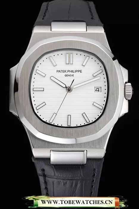 Patek Philippe Nautilus White Dial Brushed Stainless Steel Case Black Leather Strap En121409