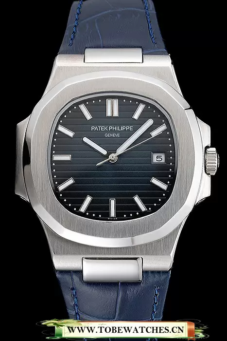 Patek Philippe Nautilus Blue Dial Brushed Stainless Steel Case Blue Leather Strap En121410