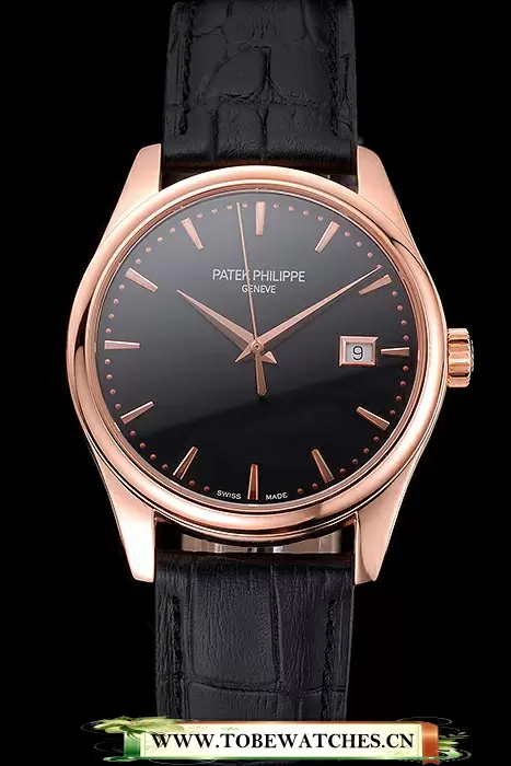 Patek Philippe Calatrava Black Dial Rose Gold Case Black Leather Strap En121576