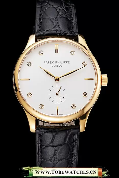 Patek Philippe Calatrava White Dial Diamond Markings Gold Case Black Leather Strap En121935