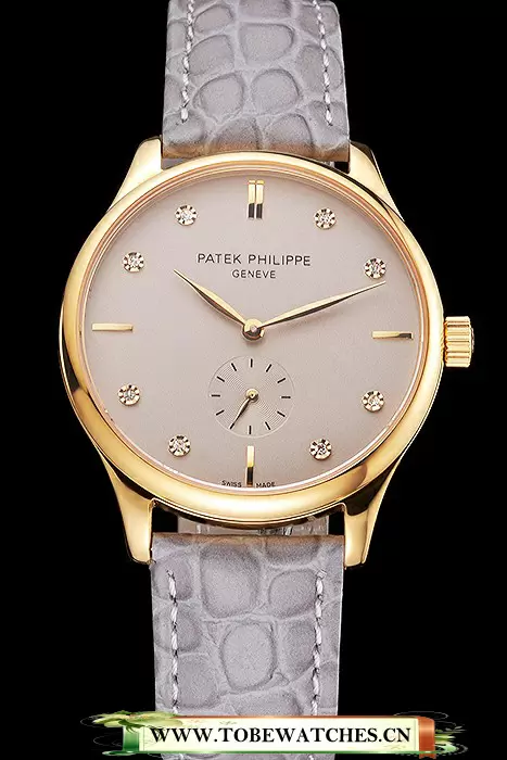 Patek Philippe Calatrava Gray Dial Diamond Markings Gold Case Gray Leather Strap En121939