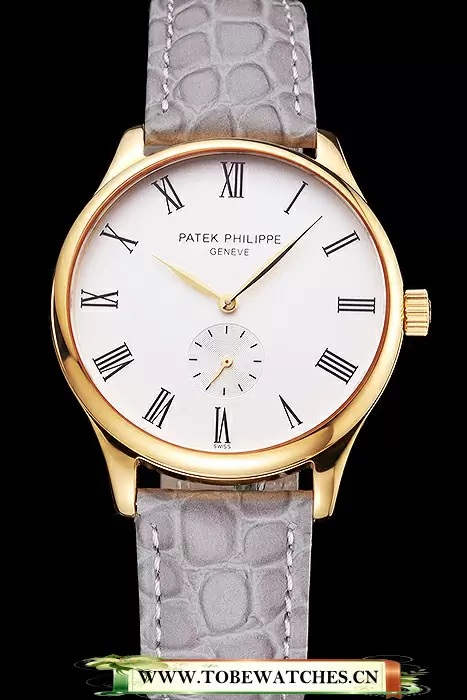 Patek Philippe Calatrava White Dial Gold Case Gray Leather Strap En121940