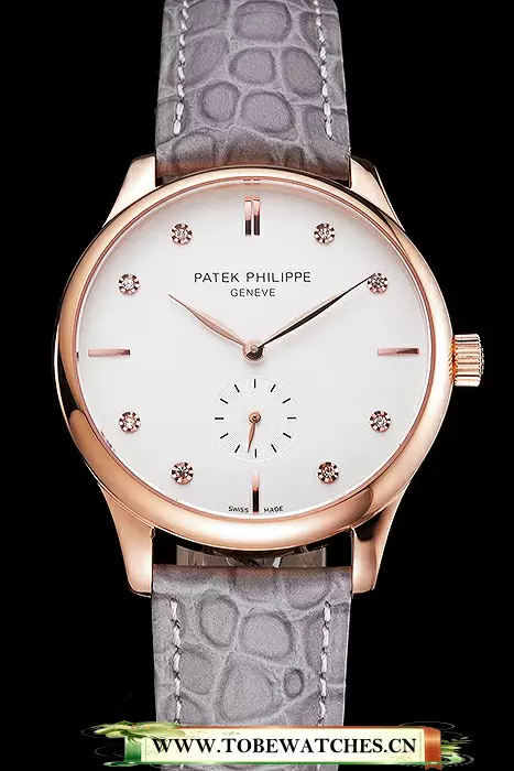 Patek Philippe Calatrava White Dial Diamond Markings Rose Gold Case Gray Leather Strap En121941