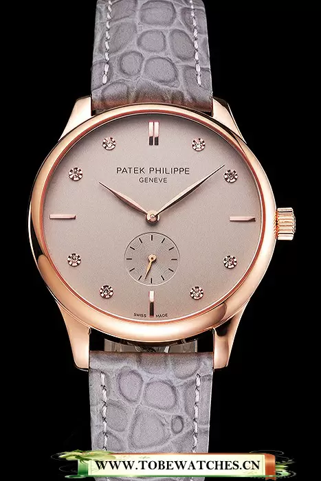 Patek Philippe Calatrava Gray Dial Diamond Markings Rose Gold Case Gray Leather Strap En121942