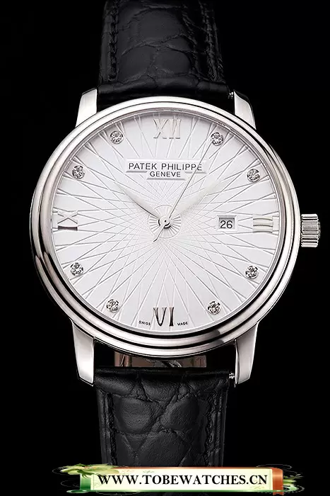 Patek Philippe Calatrava Date White Embossed Dial Stainless Steel Case Black Leather Strap En121953