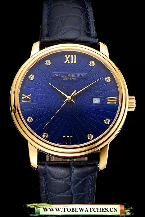 Patek Philippe Calatrava Date Blue Embossed Dial Gold Case Blue Leather Strap En121956