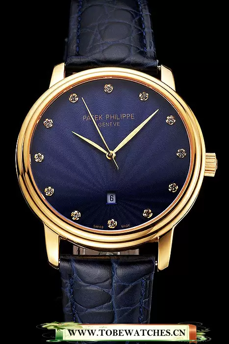 Patek Philippe Calatrava Date Blue Guilloche Dial Gold Case Blue Leather Strap En121958