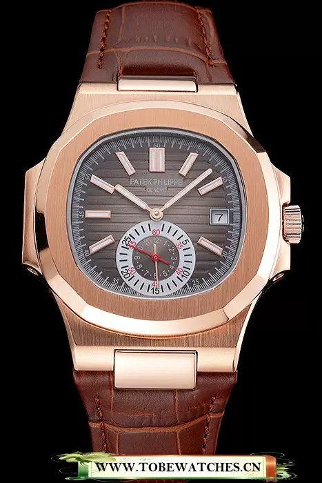 Patek Philippe Nautilus Gray Dial Rose Gold Case Brown Leather Strap En121968