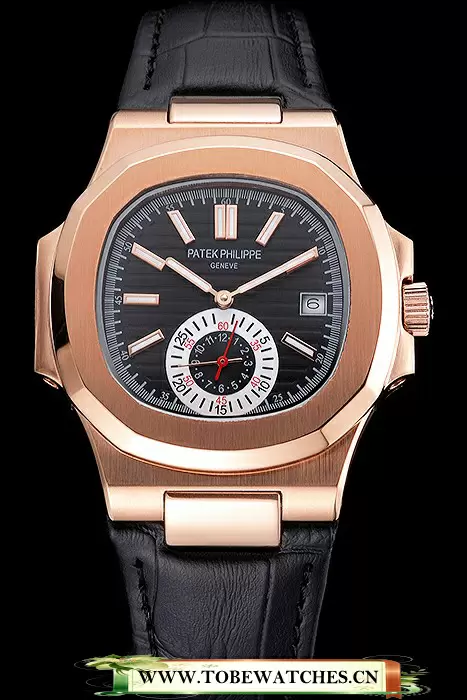 Patek Philippe Nautilus Black Dial Rose Gold Case Black Leather Strap En121969