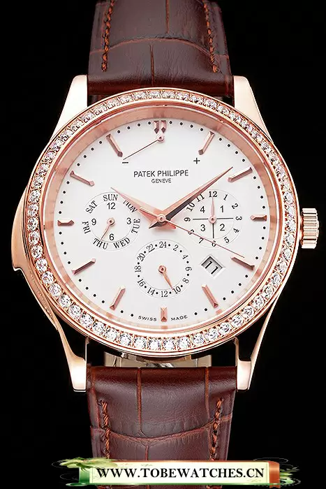 Patek Philippe Grand Complications Perpetual Calendar White Dial Rose Gold Case Diamond Bezel Brown Leather Strap En121986