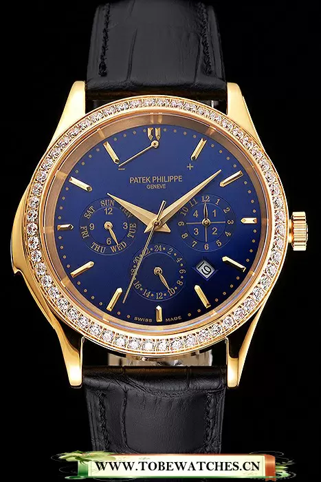 Patek Philippe Grand Complications Perpetual Calendar Blue Dial Gold Case Diamond Bezel Black Leather Strap En121987