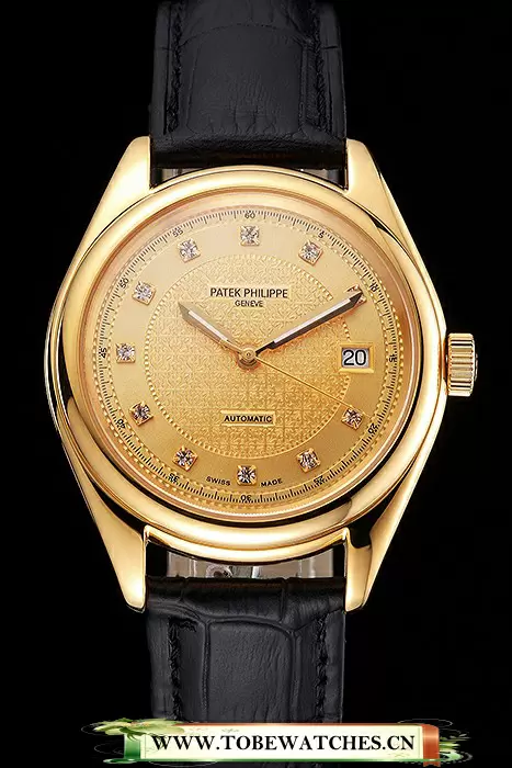 Patek Philippe Calatrava Gold Dial Diamond Markings Gold Case Black Leather Strap En121989