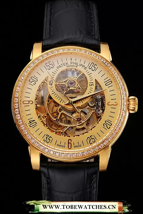 Patek Philippe Complications Openworked Dial Gold Case Diamond Bezel Black Leather Strap En122000