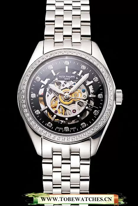Patek Philippe Calatrava Black Openworked Dial Diamond Bezel Stainless Steel Case And Bracelet En122006
