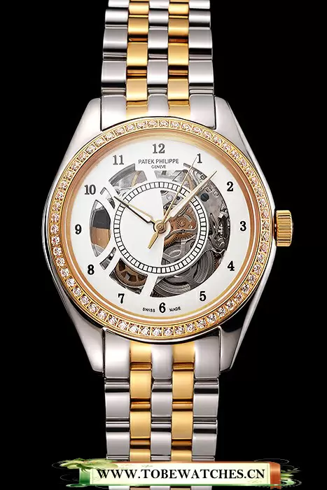 Patek Philippe Calatrava Openworked Stainless Steel Case Gold Bezel Two Tone Bracelet En122007