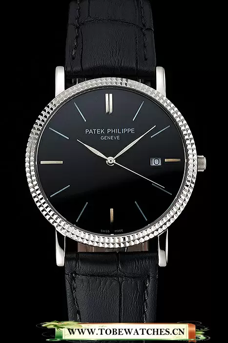 Patek Philippe Calatrava Black Dial Ribbed Bezel Stainless Steel Case Black Leather Strap En122470