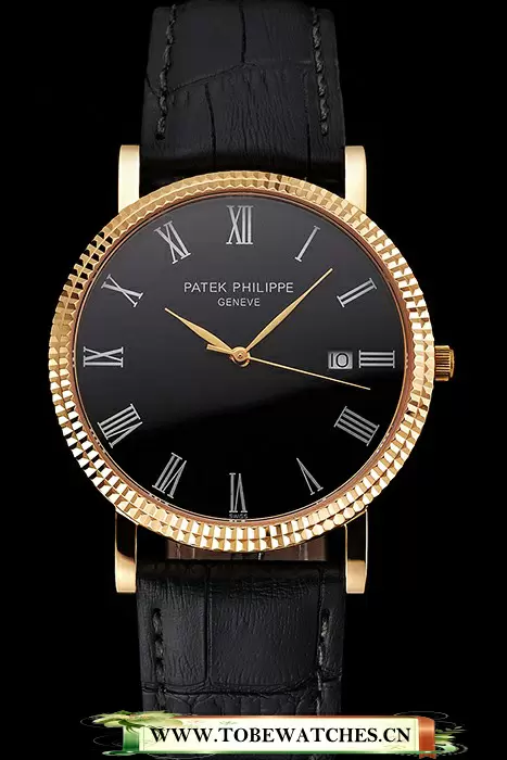 Patek Philippe Calatrava Black Dial Roman Numerals Ribbed Bezel Gold Case Black Leather Strap En122473