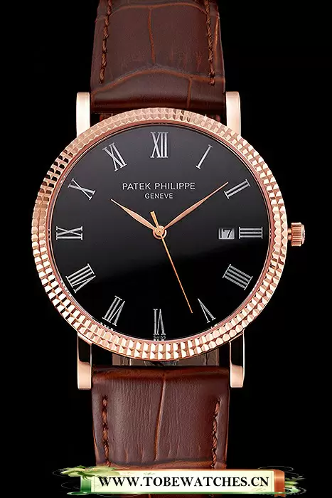 Patek Philippe Calatrava Black Dial Roman Numerals Ribbed Bezel Rose Gold Case Brown Leather Strap En122474