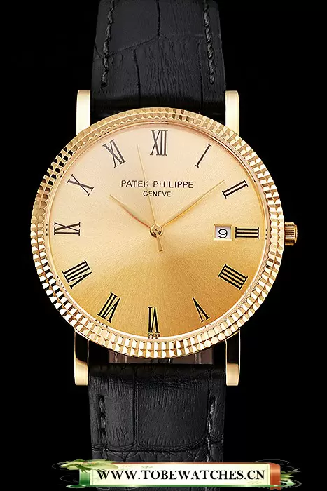 Patek Philippe Calatrava Gold Dial Roman Numerals Ribbed Bezel Gold Case Black Leather Strap En122479