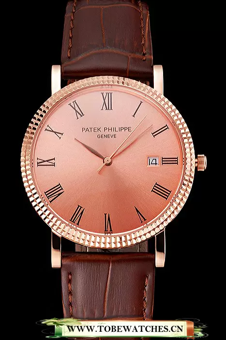 Patek Philippe Calatrava Rose Gold Dial Roman Numerals Ribbed Bezel Rose Gold Case Brown Leather Strap En122480