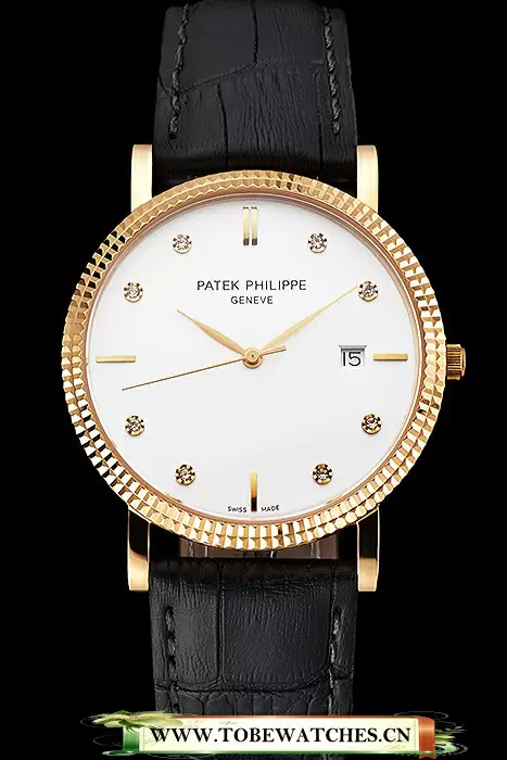 Patek Philippe Calatrava White Dial Diamond Hour Marks Ribbed Bezel Gold Case Black Leather Strap En122482