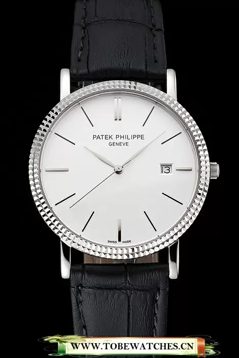 Patek Philippe Calatrava White Dial Ribbed Bezel Stainless Steel Case Black Leather Strap En122484