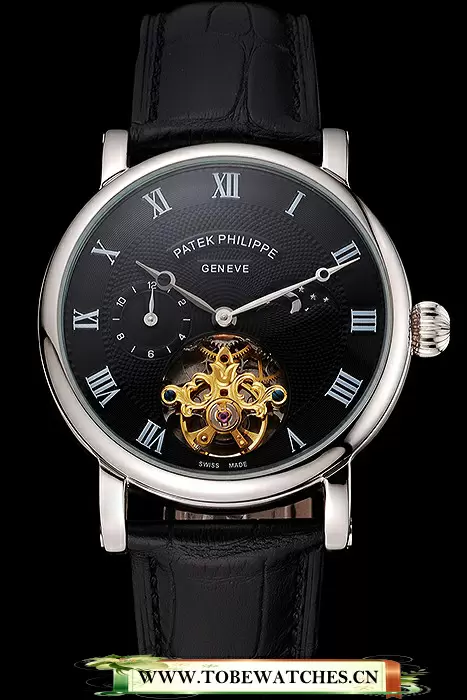 Patek Philippe Complications Moonphase Tourbillon Black Dial Stainless Steel Case Black Leather Strap En122618