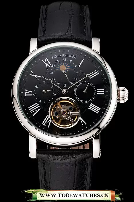 Patek Philippe Grand Complications Moonphase Perpetual Calendar Tourbillon Black Dial Stainless Steel Case Black Leather Strap En122622