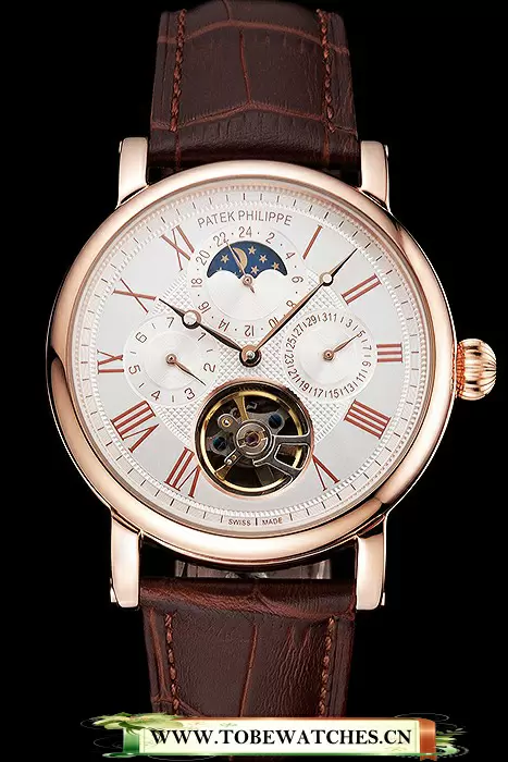 Patek Philippe Grand Complications Moonphase Perpetual Calendar Tourbillon White Dial Rose Gold Case Brown Leather Strap En122623